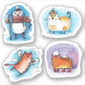 Sticker Funky Tabby Cats en hiver neige (Devant)