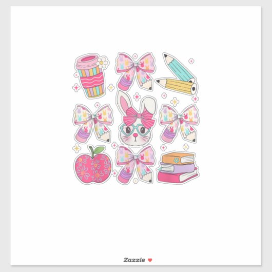 Sticker Funny Bunny Coquette Bow Rabbit Teacher Easter Ret (Feuille)