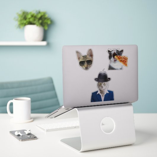 Sticker Funny Chat Manger Pizza (Ordinateur portable sur le bureau)