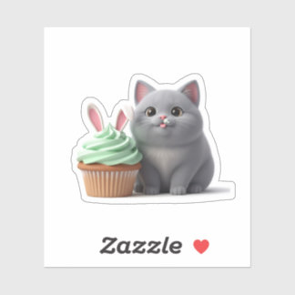 Sticker Funny Foodie Cat Eating Easter Bunny Cupcake 