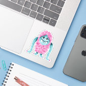Sticker Funny Monstre Turquoise et Rose avec gros bras (Ordinateur portable avec iPhone)