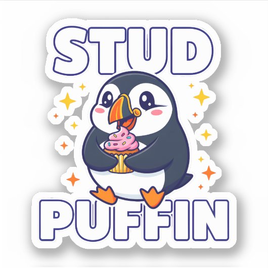 Sticker Funny Stud Puffin Cute Bird Cupcake Pun Graphic (Devant)