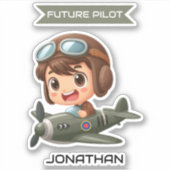 Sticker Future Pilot Boy Vintage Airplane Personalized (Devant)