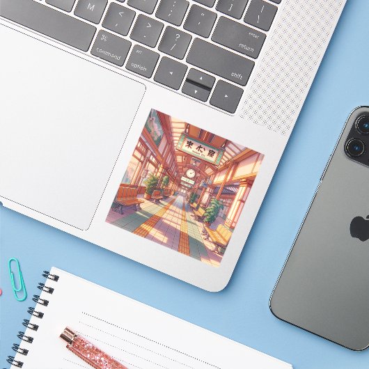 Sticker Gare d'Anime Japon des années 90 (Ordinateur portable avec iPhone)