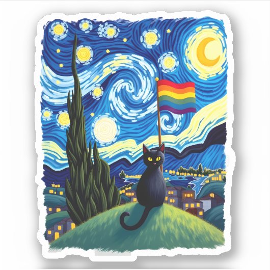 Sticker Gay Pride Cat Art Cat Starry Night Style LGBTQ Pri (Devant)