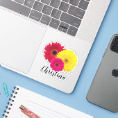 Sticker Gerbera rouge rose jaune avec nom | (Ordinateur portable avec iPhone)