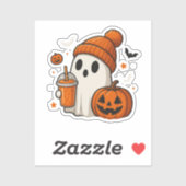 Sticker Ghost d'Halloween mignonne avec Citrouille et boir (Feuille)