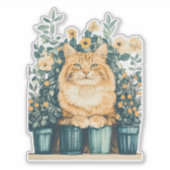 Sticker Ginger Tabby Cat entouré de fleurs florissantes (Devant)