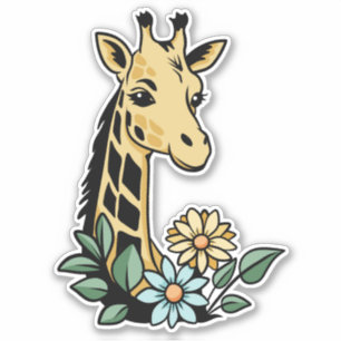 Sticker Girafe de dessin animé mignonne et fleurs