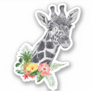 Sticker Giraffe aquarelle avec Bouquet tropical