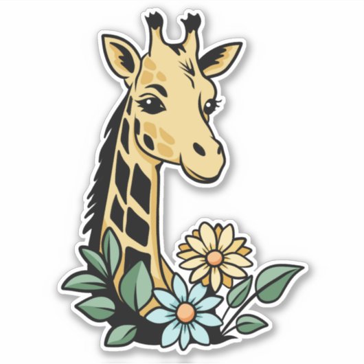 Sticker Giraffe Et Fleurs De Cartoon Cute (Devant)