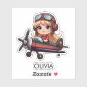 Sticker  Girl Flying Airplane cute cartoon Personalized (Feuille)