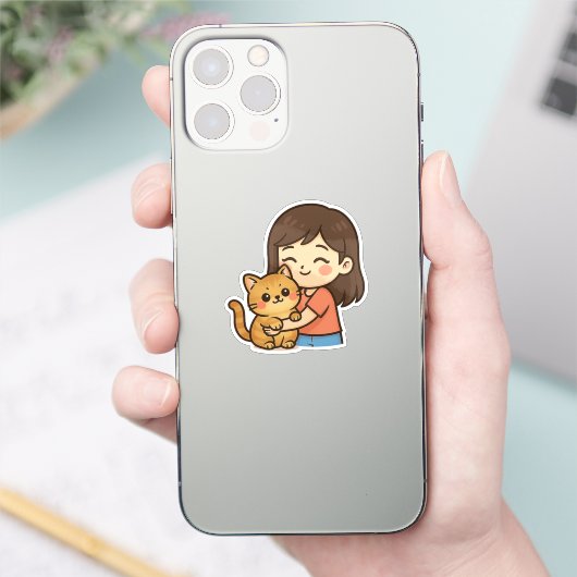Sticker Girl Hugging Her Cat (Téléphone)
