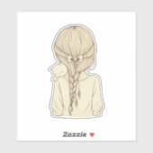 Sticker Girl with Braid and Cat Illustration – Soft Pastel (Feuille)