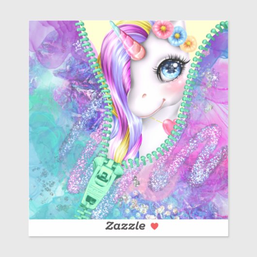 Sticker Glam arc-en-ciel blanc licorne Peek-A-Boo Zipper (Feuille)