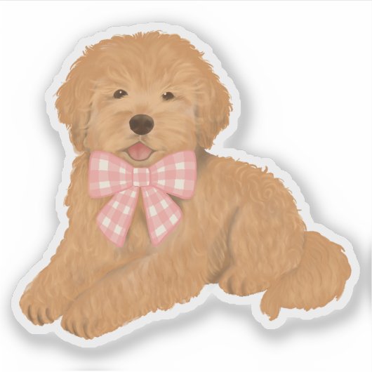 Sticker Golden Doodle with Pink Gingham Bow Party Favor (Devant)