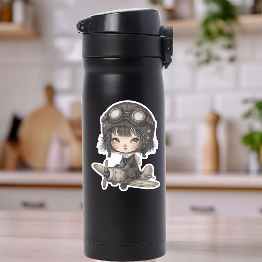 Sticker Gothic Girl Pilot flying Airplane Cute Anime