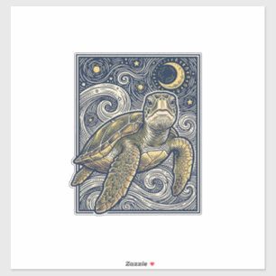 Sticker Gravure ancienne tortue marine nuit étoilée