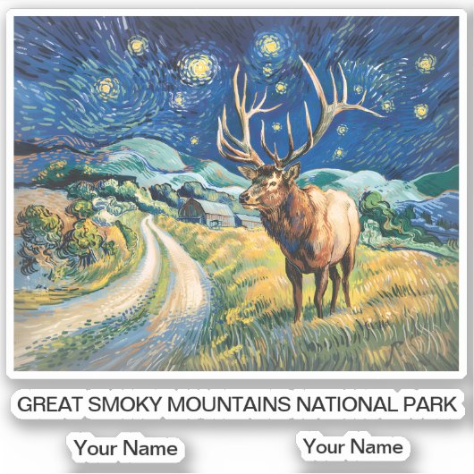 Sticker Great Smoky Mountains Wildlife Elk Retro Van Gogh (Devant)