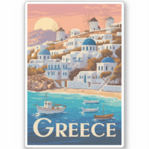 Sticker Grèce Mykonos Illustration Voyage Art Vintage