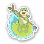Sticker Grenouille comme randonneur avec bâton (Devant)