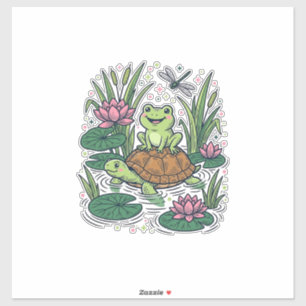 Sticker Grenouille mignonne à cheval sur un étang de tortu