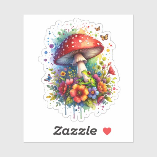 Sticker Grenouille mignonne, Fleurs, Papillons et Champign (Feuille)