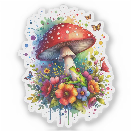 Sticker Grenouille mignonne, Fleurs, Papillons et Champign (Devant)