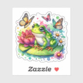 Sticker Grenouille mignonne sur Lily Pad avec Fleurs et Pa (Feuille)