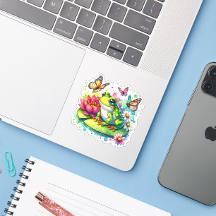 Sticker Grenouille mignonne sur un nénuphar avec des fleur