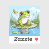 Sticker Grenouille mûre et papillons sur Lily Pad (Feuille)
