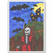 Sticker Grim Reaper Red Cape Haunted House Bats Moon (Devant)