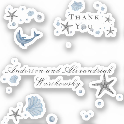 Sticker Gris Starfish Blue Shell Beach Wedding (Recto)