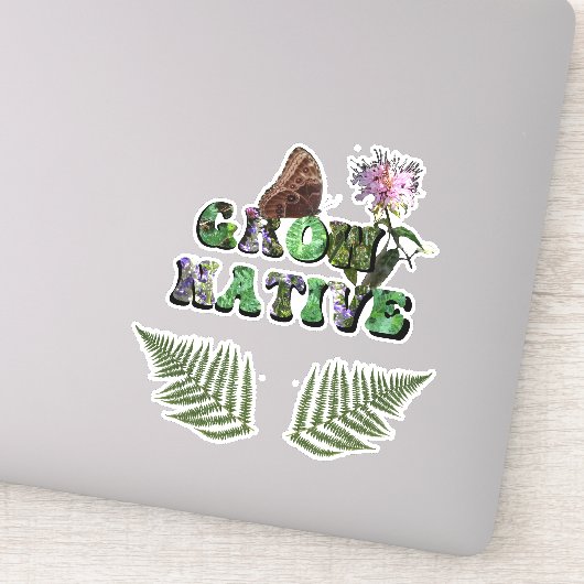 Sticker "Grow Native !" avec des feuilles fougères (Détail)