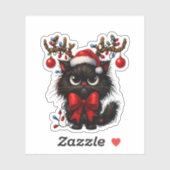 Sticker Grumpy Christmas Cat with Santa Hat and Antlers (Feuille)