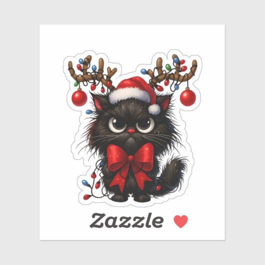 Sticker Grumpy Christmas Cat with Santa Hat and Antlers (Feuille)