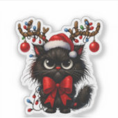 Sticker Grumpy Christmas Cat with Santa Hat and Antlers (Devant)