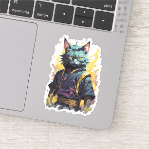 Sticker Guerrier Chat Ninja Éclaboussure de Feu Cool Gris