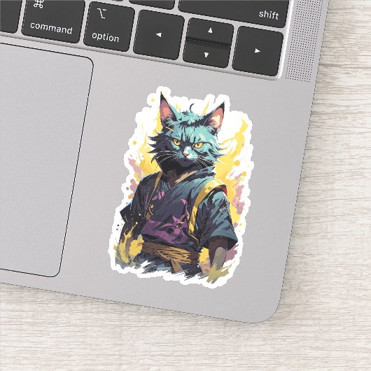 Sticker Guerrier Chat Ninja Éclaboussure de Feu Cool Gris (Détail)
