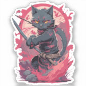 Sticker Guerrier Chat Ninja Noir Splash Feu Mignon (Recto)