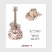 Sticker Guitare florale occidentale rose (Feuille)