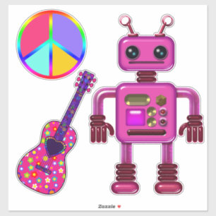 Sticker Guitare Robot rose et signe de paix mignonne