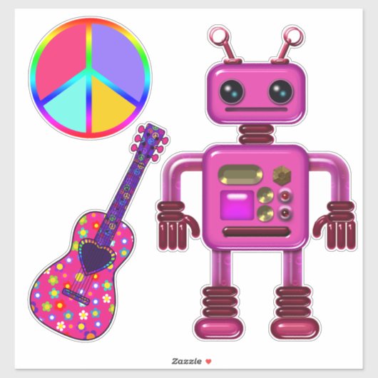 Sticker Guitare Robot rose et signe de paix mignonne (Feuille)