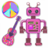 Sticker Guitare Robot rose et signe de paix mignonne (Devant)