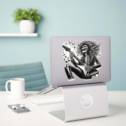 Sticker Guitariste Monochrome Skeleton avec Leathe Détaill (Ordinateur portable sur le bureau)