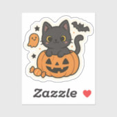 Sticker Halloween Chat Noir Cute - Citrouille Kawa (Feuille)