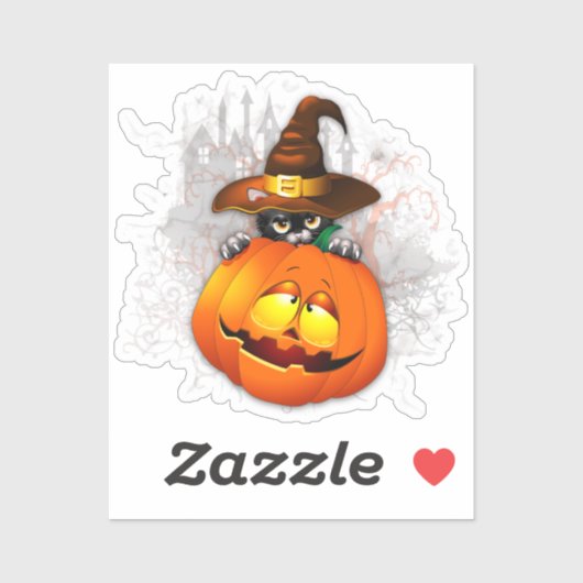 Sticker Halloween Cute Kitty Witch et ami Citrouille (Feuille)