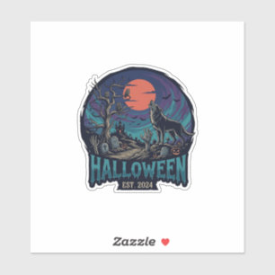 Sticker Halloween Est Loup Hurleur Lune Rouge Main De Zomb