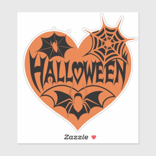 Sticker Halloween Heart, Orange Heart Shape, Spider Web (Feuille)