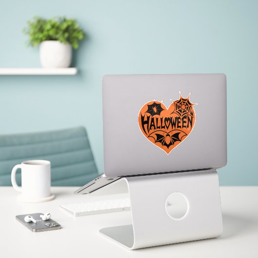 Sticker Halloween Heart, Orange Heart Shape, Spider Web (Ordinateur portable sur le bureau)